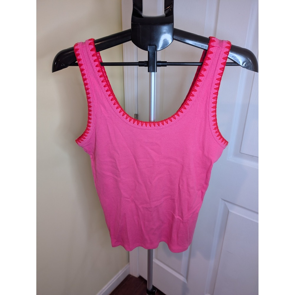 J. Crew Pink Ribbed Blanket Stitch Tank Top Scoop Neck Tee Medium